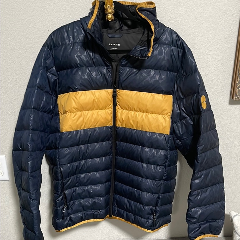 Coach Men's Navy and Yellow Puffer Jacket